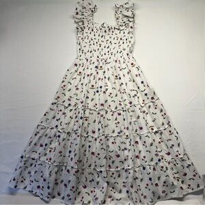Cottagecore Floral Smocked Tiered‎ Maxi Dress White Cotton Small